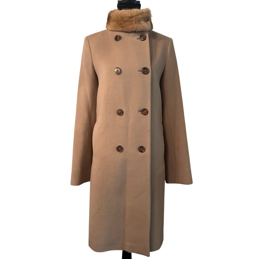 Vintage Jil Sander Double Breasted Wool Coat size US 6 in Camel w/ Fur Collar